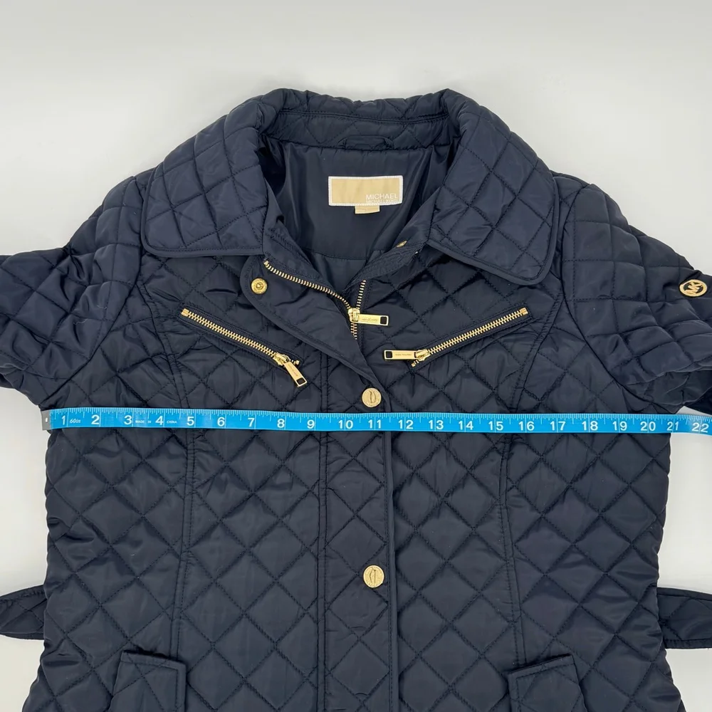 Michael Kors Quilted Belted Jacket L Navy with Gold Hardware